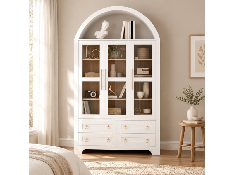  Buffet haut rangement 110x40x185 cm, 3 portes vitrées 4 tiroirs, niche arquée, poignées aluminium, mdf, blanc  - Conforama B
