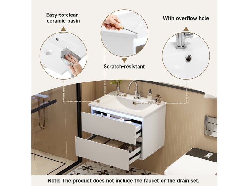Meuble vasque suspendu 61x46x45 cm avec éclairage led, armoire de rangement avec 2 tiroirs, style moderne, mdf, blanc - Conforama D