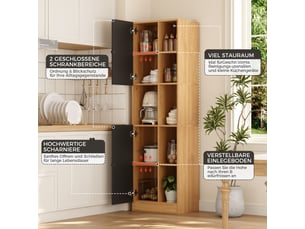 Armoire d'angle cuisine meuble d'angle haut avec 6 étagères ouvertes et 2 portes, anthracite et chêne, 50x35.5x170cm