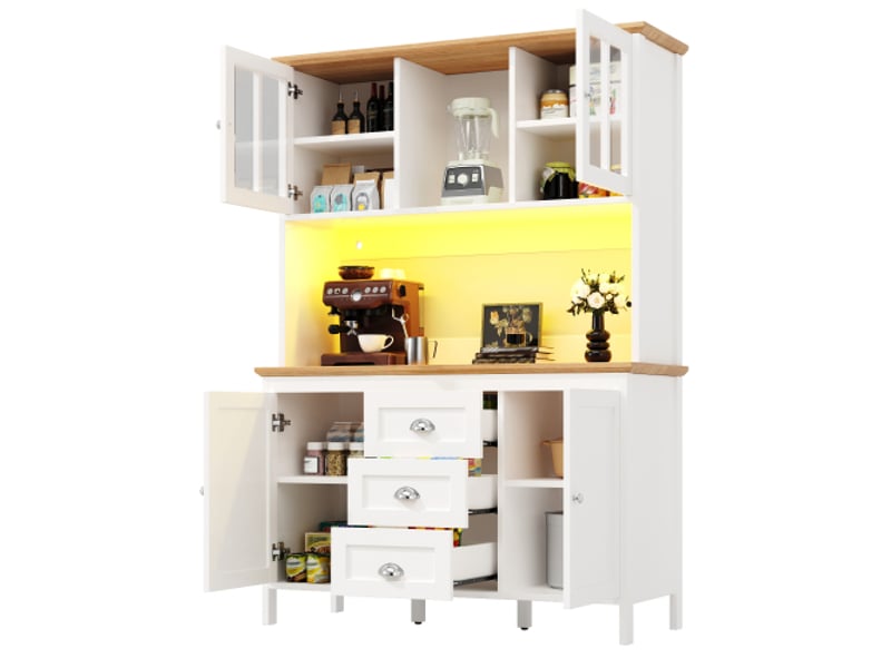  Buffet haut de cuisine avec éclairage led 120x40x179 cm, rangement latéral, 4 portes et 3 tiroirs, blancnoir  - Conforama D