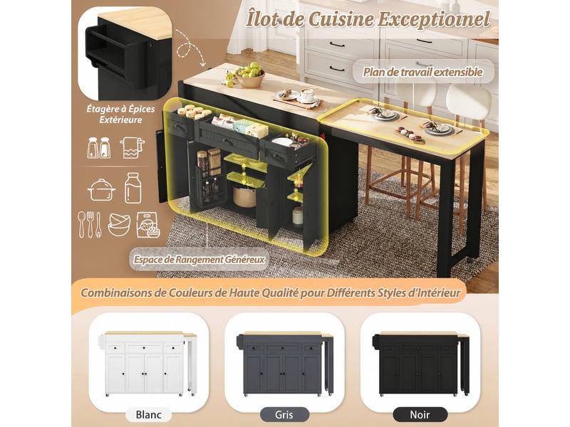 Îlot de cuisine sur roulettes muvano, plateau extensible, noir et naturel, 137 × 45,2 × 92 cm - Conforama E