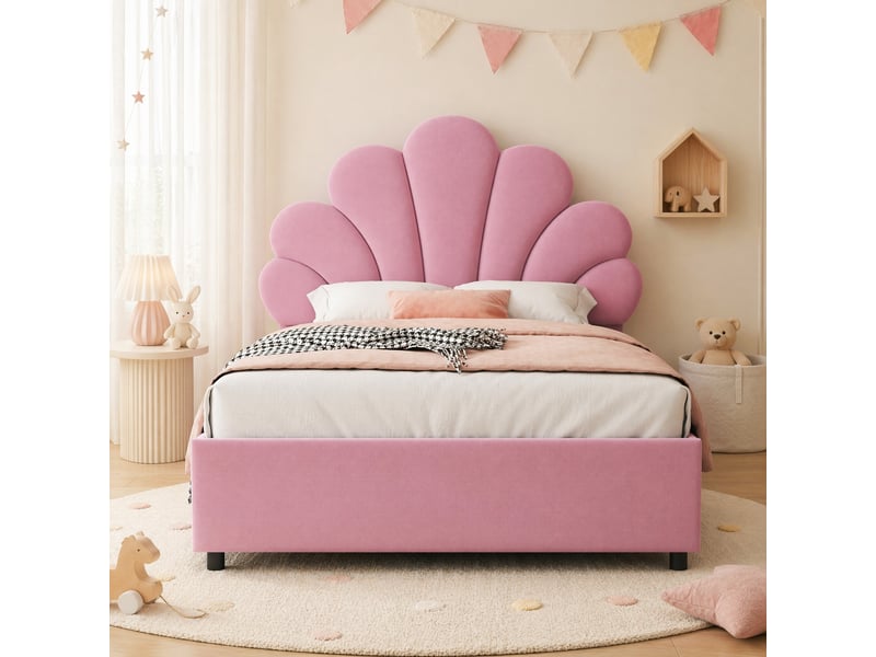  Lit coffre simple 200×90 cm avec rangement hydraulique et tête de lit fleurie, sommier à lattes, sans matelas, en velours rose  - Conforama B