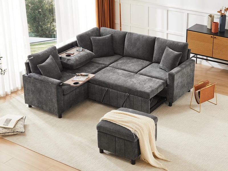  Canapé d'angle convertible ,4 places avec tabouret, lampe de lecture,205×205×85cm,gris  - Conforama B