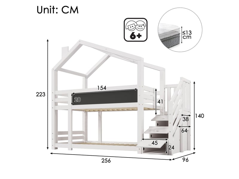  Lit superposé enfant - 90x200cm - design cabane avec tableau noir - lit superposé - escalier de rangement, pin massif, blanc, solide  - Conforama C