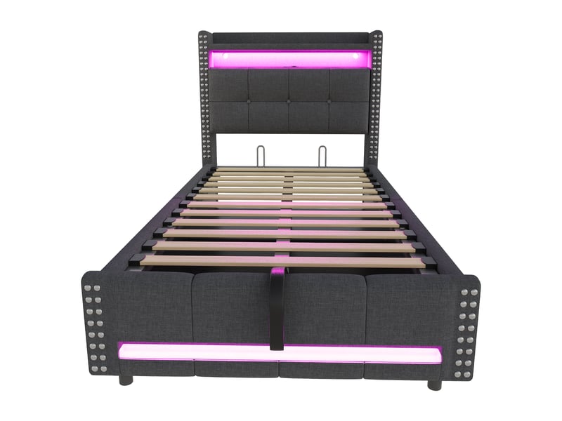  Lit coffre enfant 90×200 cm en tissu gris, lit simple avec led, usb, rangements et relevage, matelas non précisé  - Conforama E