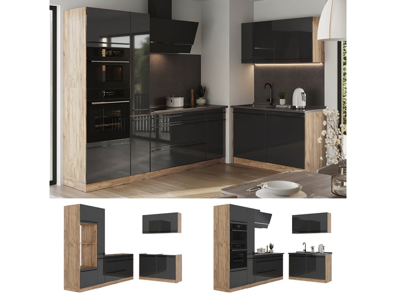 Vicco cuisine en angle, anthracite haute brillancechêne doré, 230 x 120 cm plan de travail marbre - Conforama D
