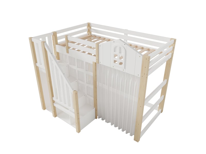  Lit mezzanine 90x200 cm avec rangements led et garde-corps, lit enfant avec sommier à lattes en pin blanc et naturel  - Conforama C