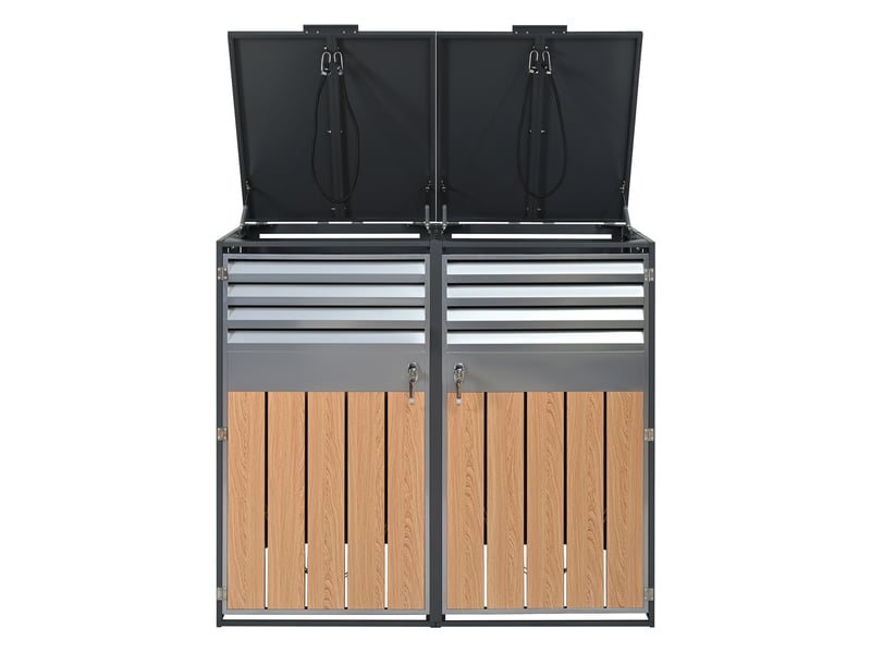 Cache-poubelles 2 compartiments avec couvercle rabattable, ventilation à lames, métal gris - Conforama A