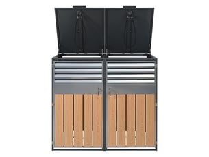 Cache-poubelles 2 compartiments avec couvercle rabattable, ventilation à lames, métal gris