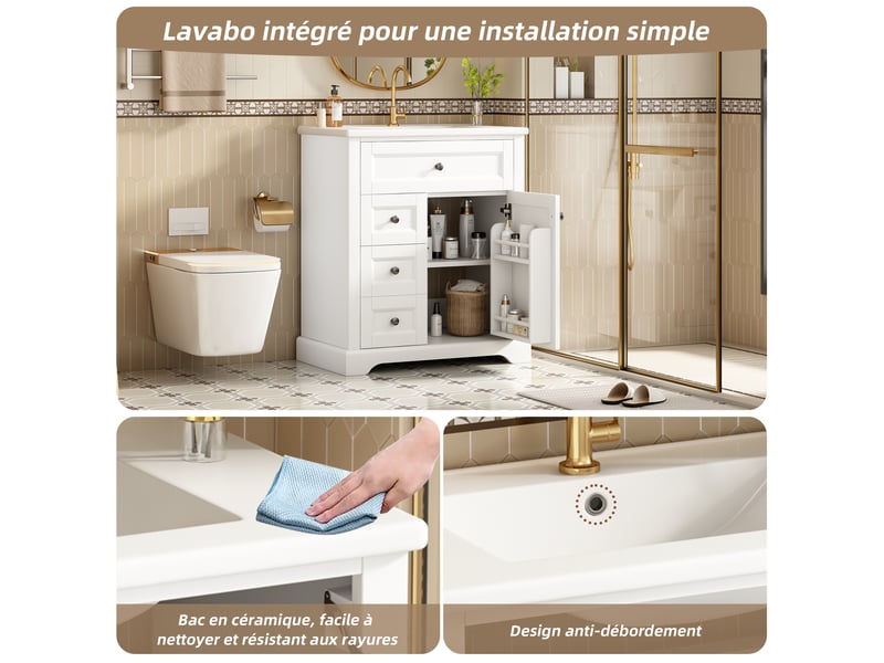 Meublede salle de bain 76 cm avec vasque céramique,76 x 46 x 87 cm,blanc,mdf laqué,tiroirs à fermeture amortie,étagère réglable - Conforama E