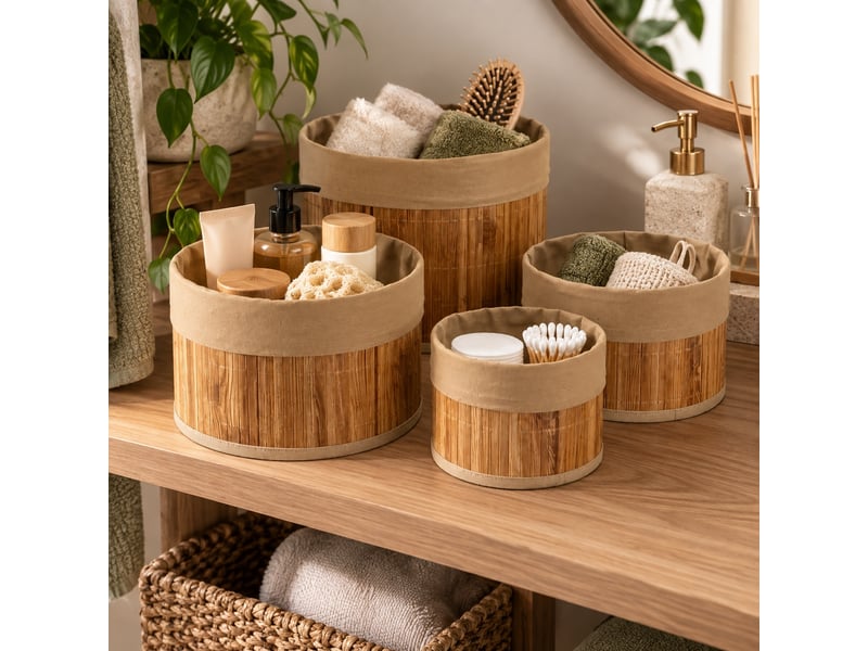  Lot de 4 paniers de rangement ronds en bambou et tissu marron,corbeilles multi-usages décoratives  - Conforama B