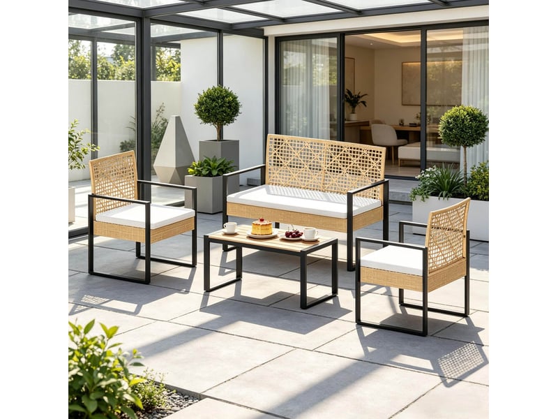  Salon de jardin 4 pièces 112 x 79 x 59 cm naturel, rotin pe et métal, avec table basse pour terrasse  - Conforama E