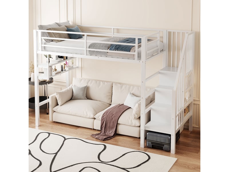 Lit mezzanine enfant 90x200 cm, espace de rangement, étagères, garde-corps, sommier, métal blanc, sans matelas - Conforama W