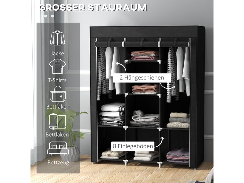  Armoire en tissu pliable avec 2 penderies, 8 étagères et housse de protection zippée, 125 × 43 × 162,5 cm, noir  - Conforama D