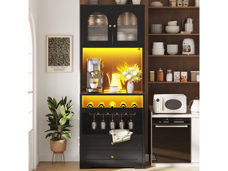  Ensemble de 2 meubles hauts 140x40x180 cm avec led, range-bouteilles, noir  - Conforama E
