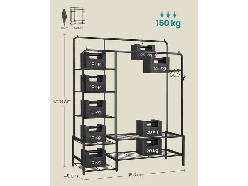  Portant à vêtements ouvert avec 7 étagères pour chambre salon entrée 45 x 115,8 x 172,8 cm en acier noir 12_0012909  - Conforama B