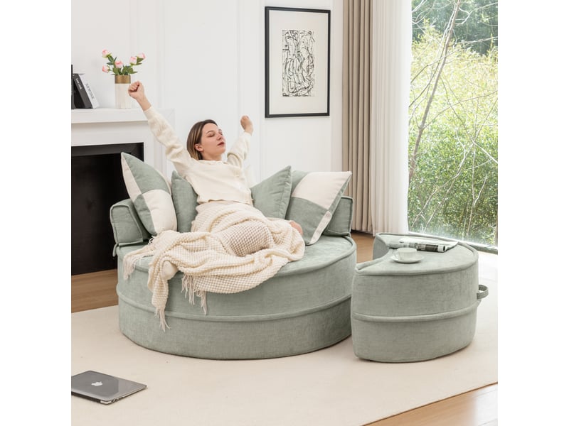  Fauteuil rond en chenille vert menthe avec pouf, fauteuil lounge une place avec cinq coussins pour salon et chambre  - Conforama W