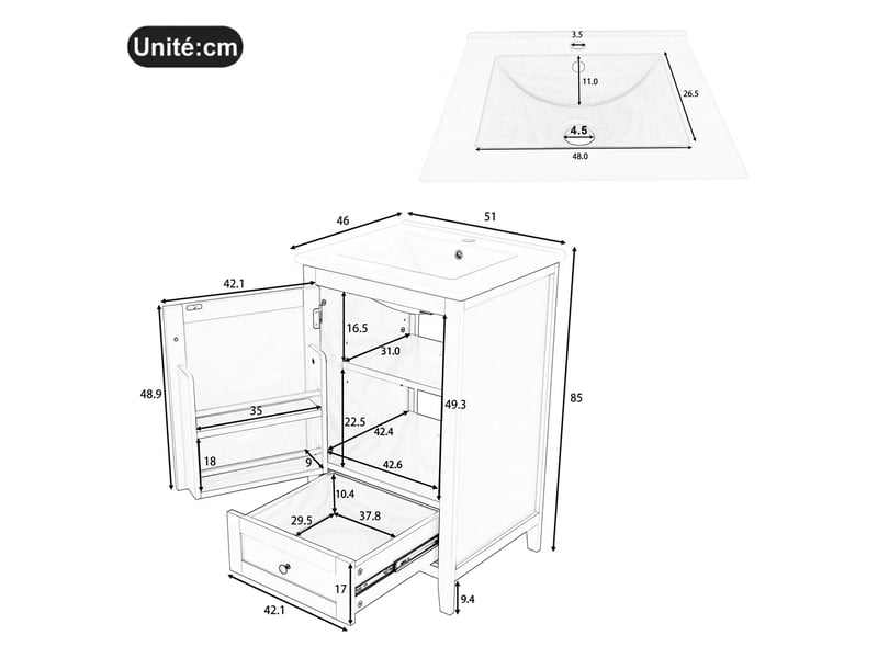 Meuble salle de bain sur pied 51x46x85cm avec meuble vasque en céramique blanc  - Conforama E