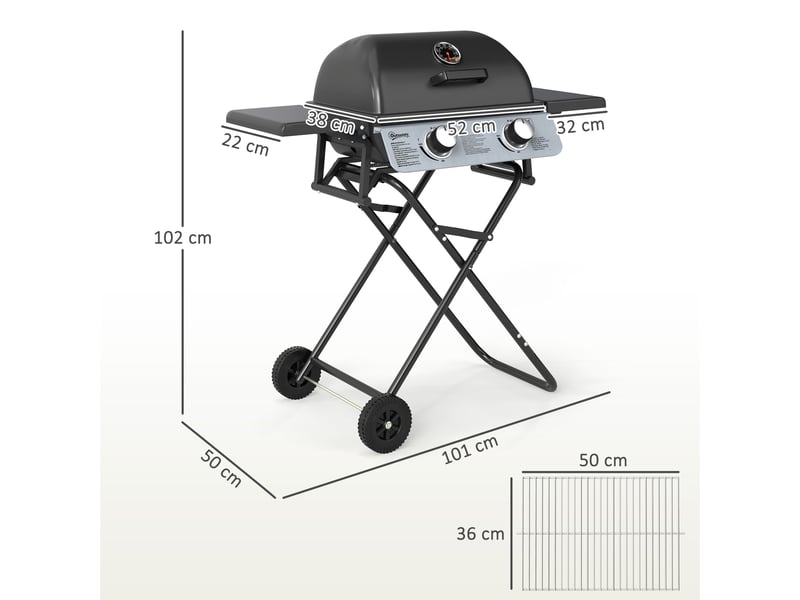  Barbecue gaz transportable, 2 brûleurs 5,6 kw, barbecue gaz de camping avec étagères latérales thermomètre et roues, noir  - Conforama E