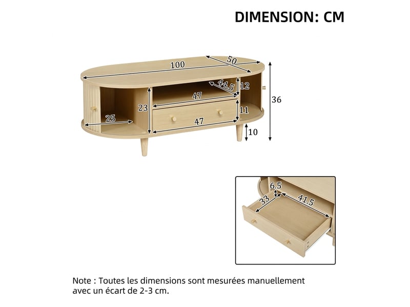  Table basse ovale en bois avec tiroir et porte coulissante 100x50 cm - rangement ouvert  - Conforama C