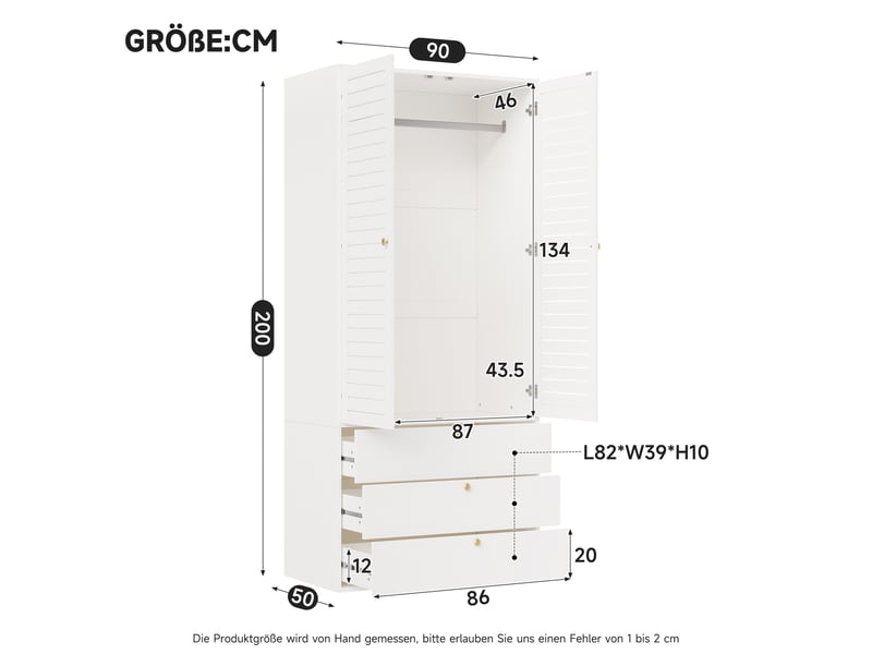  Armoire de chambre - 90x50x200 cm - armoire penderie 2 portes avec lamelles et 3 tiroirs - blanc  - Conforama E