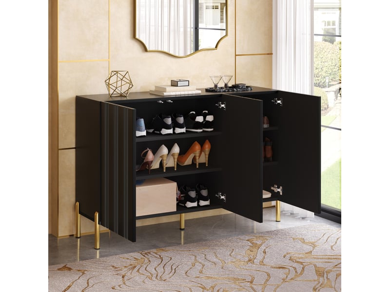  Meuble à chaussures avec 3 portes et étagères réglables, pieds en métal doré, pour entrée, noir, 120 × 35,5 × 80 cm  - Conforama C