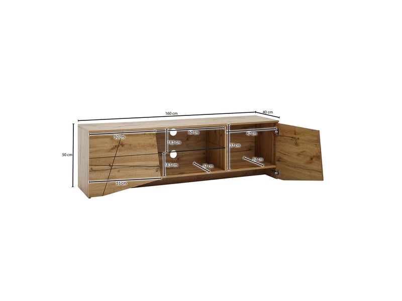  Meuble tv 160x40x50 cm en bois décor chêne et verre  - Conforama D