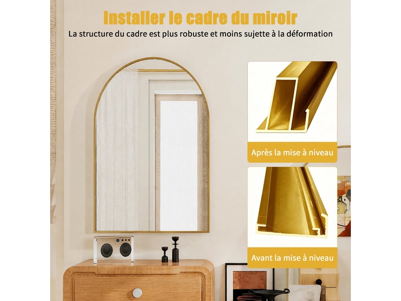  Miroir mural arqué 91x61cm - miroir salle de bain en verre trempé incassable avec cadre aluminium - doré  - Conforama D