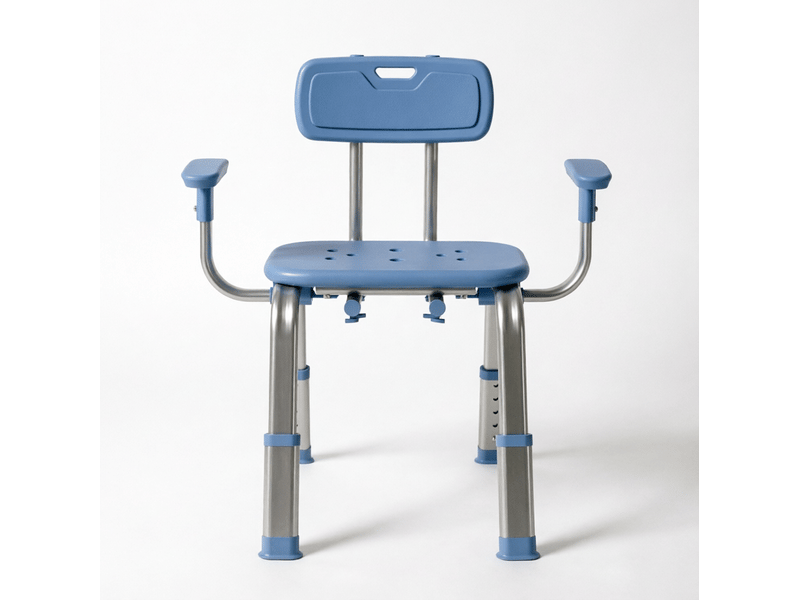Chaise de douche réglable 60-70 x 52 x 62-72 cm bleue, aluminium et hdpe, avec dossier et accoudoirs - Conforama A
