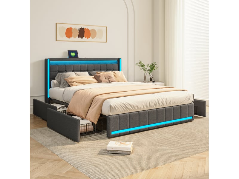  Lit double avec rangement 140x200 cm, usb, 4 tiroirs, éclairage led, tissu aspect lin, bois et mdf, gris foncé, sans matelas  - Conforama D