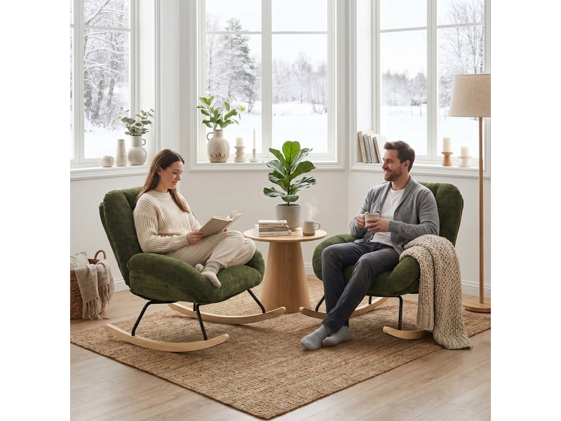  Lot de 2 fauteuil à bascule scandinave, rocking chair en tissu chenille, pieds en bois d’hévéa, vert  - Conforama C