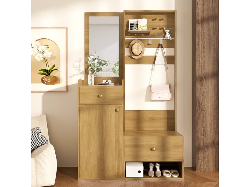  Meuble d’entrée avec miroir 105x38x180 cm, vestiaire, 2 tiroirs, rangement chaussures, meuble chambre, aggloméré, bois  - Conforama D