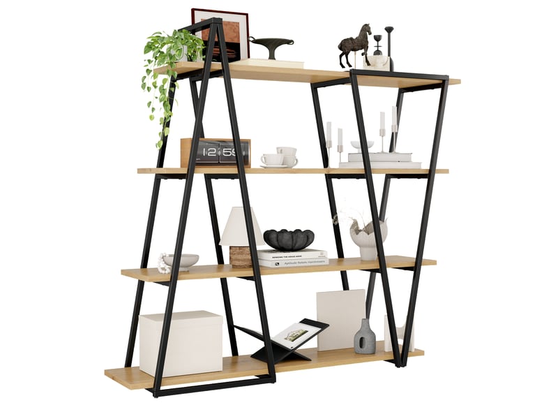  Bibliothèque design géométrique 158x35x166 cm, étagère sur pied métal et bois avec 4 niveaux, style industriel pour salon et bureau.  - Conforama A