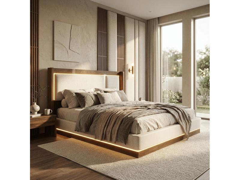  Lit coffre 160x200 cm avec led et sommier à lattes, beige et noyer  - Conforama E