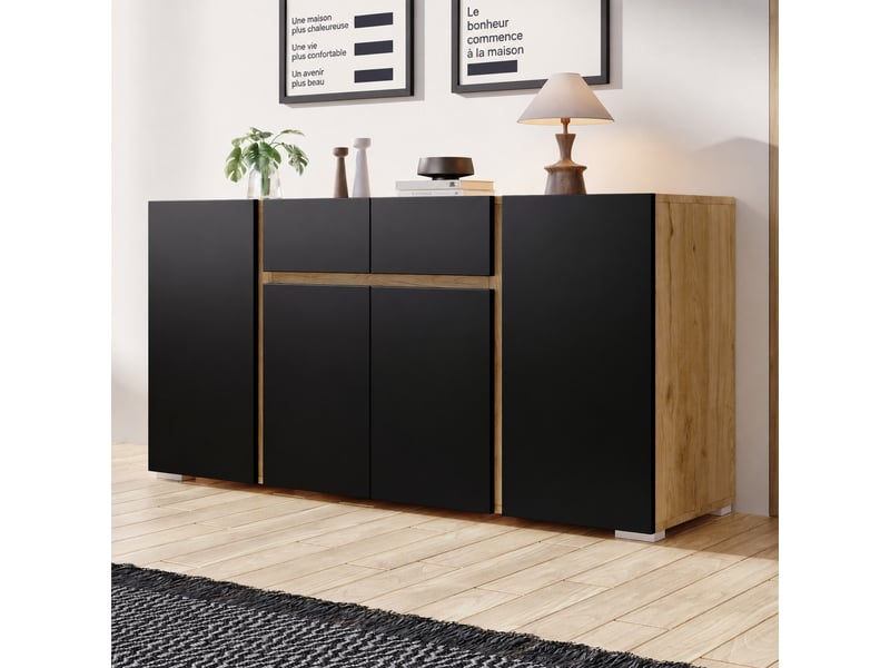  Buffet moderne noir et bois, 4 portes, 2 tiroirs, étagères réglables, 140 cm, noir et bois naturel  - Conforama B
