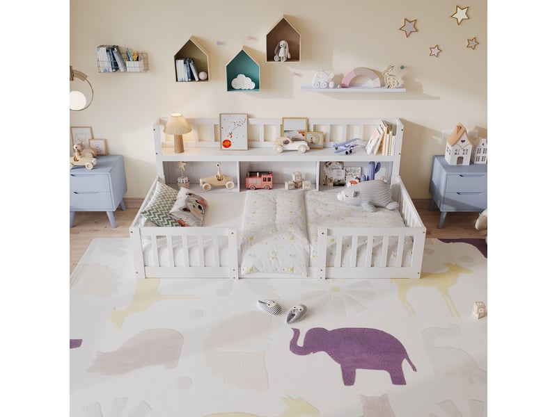  Lit simple 90x200 cm, lit enfant avec bibliothèque et barrières, lit au sol montessori en bois, sommier, blanc  - Conforama D