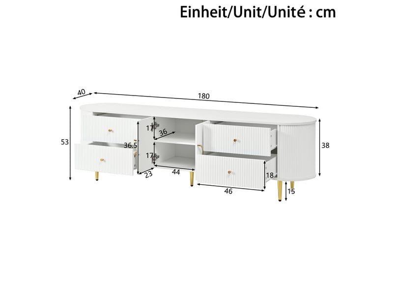  Meuble tv tcqpz 180 x 40 x 38 cm structure ondulée 3d bords arrondis mdf blanc passe-câbles  - Conforama C