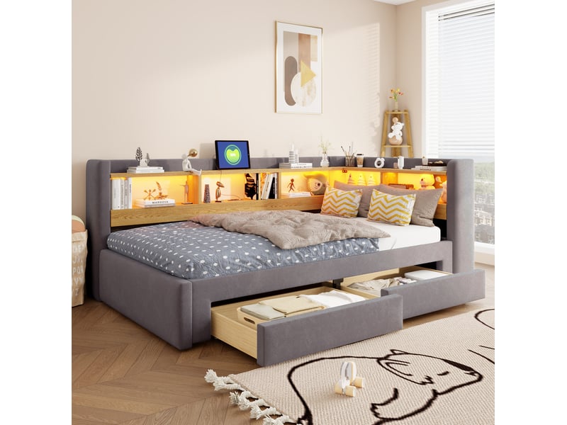 Lit banquette 90x200 cm gris en velours, tiroirs, led et prise, extensible en 180x200 cm, sans matelas  - Conforama D