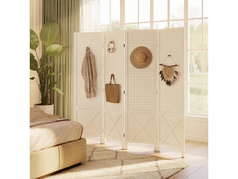  Paravent intérieur en bois 4 panneaux séparateur de pièce pliable panneau perforé blanc 152 x 1,7 x 144,5 cm  - Conforama W
