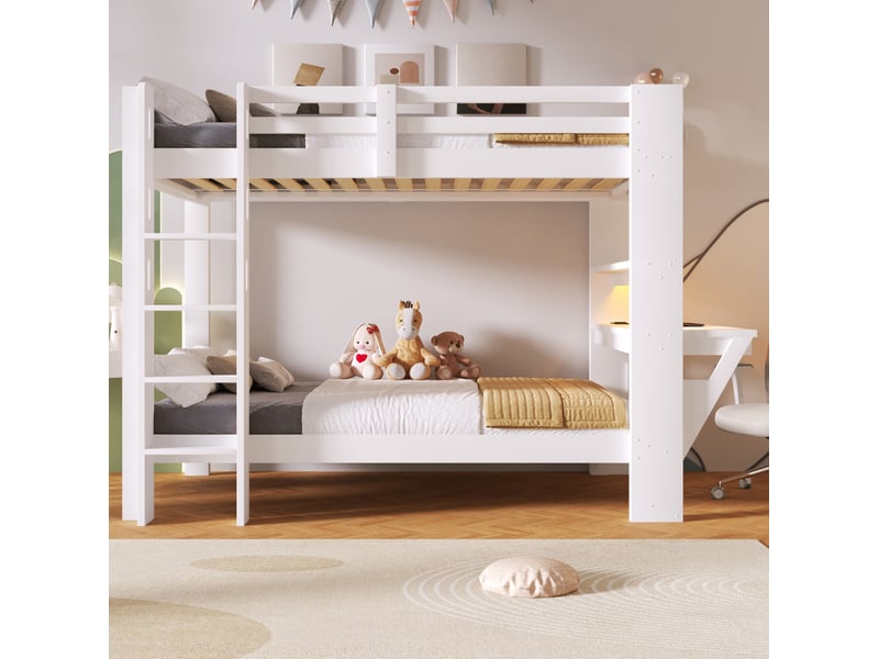  Lit superposé enfant 90x200 cm blanc pin et mdf, bureau, ports usbtype-c et led réglables  - Conforama B