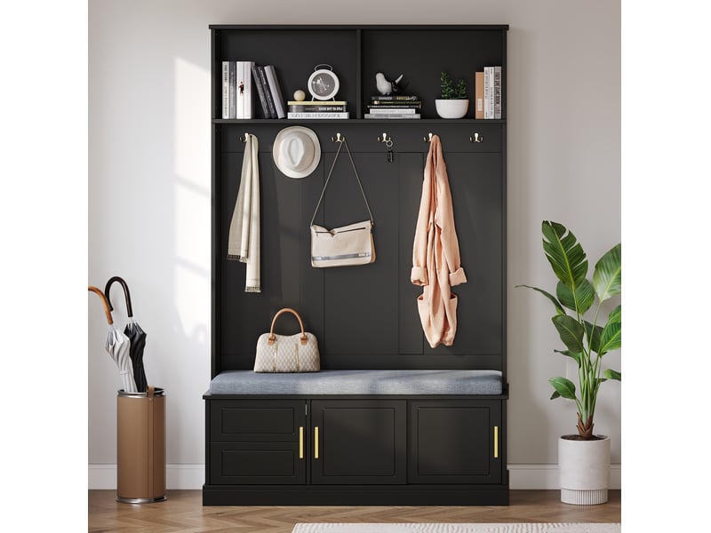  Meuble d'entrée avec banc, range-chaussures, étagère et 6 crochets triples pour couloir, noir, 120 × 40 × 191 cm  - Conforama D
