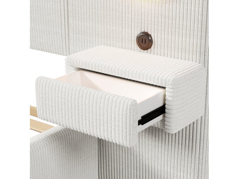  Lit rembourré 180 × 200 cm 2 places avec led réglable, usb, tiroirs de chevet, sans matelas, velours beige  - Conforama E