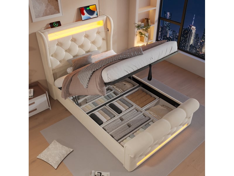 Lit enfant 90x200 cm – beige – coffre hydraulique, led, usbtype-c et tête capitonnée avec matelas - Conforama B