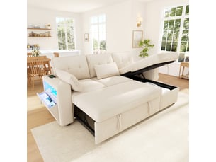 Canapé d'angle convertible 3 places 213x131x83 cm en chenille avec méridienne réversible, coffre de rangement, led, usb type-c - beige