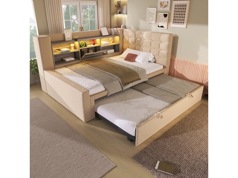  Lit gigogne rembourré 90x200 cm avec couchage 90x190, led, sommier et rangement beige  - Conforama B