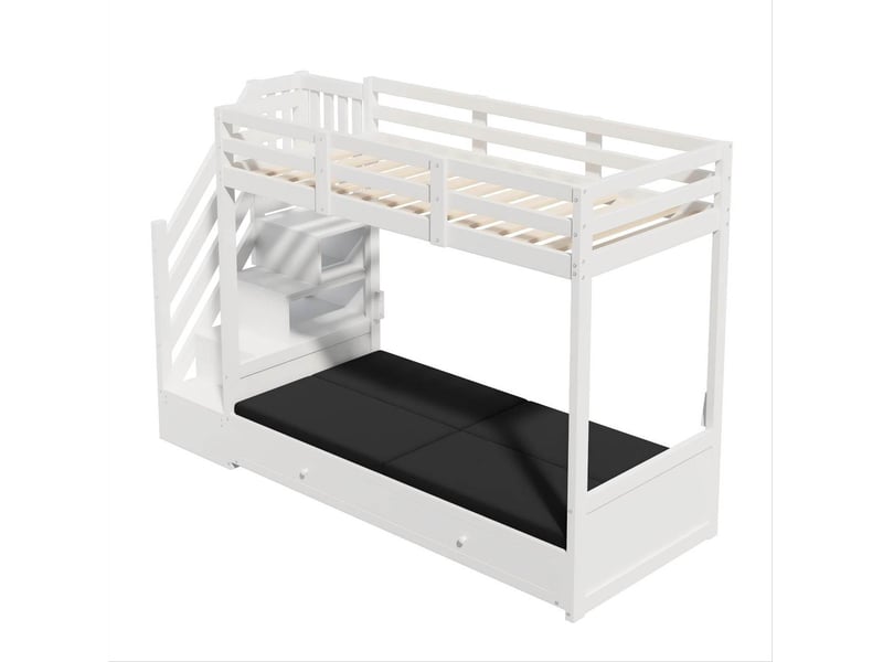 Lit superposé enfant 90x200 cm avec escalier de rangement et 2 tiroirs, bois et mdf, blanc, sans matelas - Conforama E
