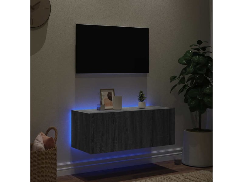  Meuble tv - banc tv - meuble de rangement mural avec lumières led sonoma gris 80x35x31 cm  - Conforama C