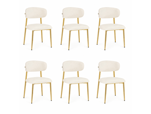Lot de 6 chaises de salle à manger rembourrées blanches, dossier incurvé, pieds en métal doré, patins réglables, charge 125 kg, design moderne