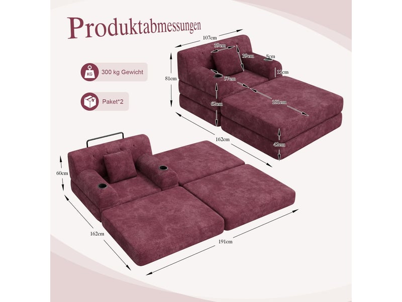  Canapé pouf inclus revêtement côtelé fonction allongée dossier haut cadre en métal mousse haute densité 2 porte-gobelets 4 poches latérales  - Conforama C