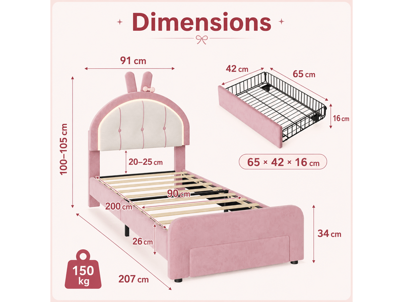  Lit enfant fille 90x200 avec tiroir - led rgb réglable - tête de lit avec oreilles de lapin - sommier - lit une place - velours rose  - Conforama E